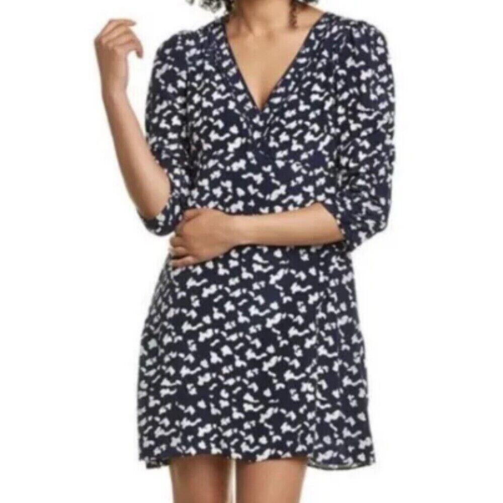 TANYA TAYLOR Dylan silk mini dress navy and off white abstract Sz 4 puff sleeve